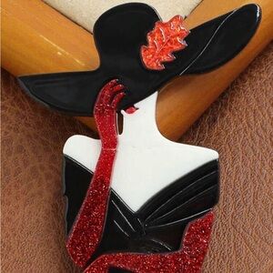 Vintage-Inspired Woman Brooch Pin - Black, White & Red